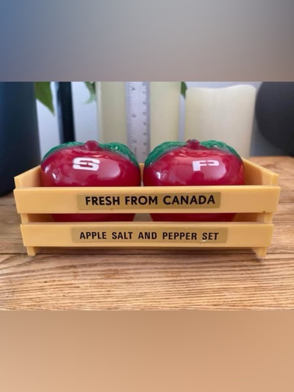 Vintage Canadian Apple Salt & Pepper Shakers Set in Plastic Fruit Crate